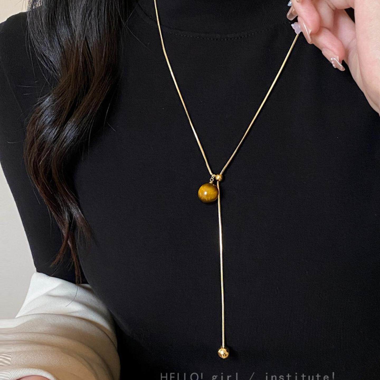 韩系美拉德虎猫眼石锁骨链2026秋冬长款毛衣链感复古个性项链