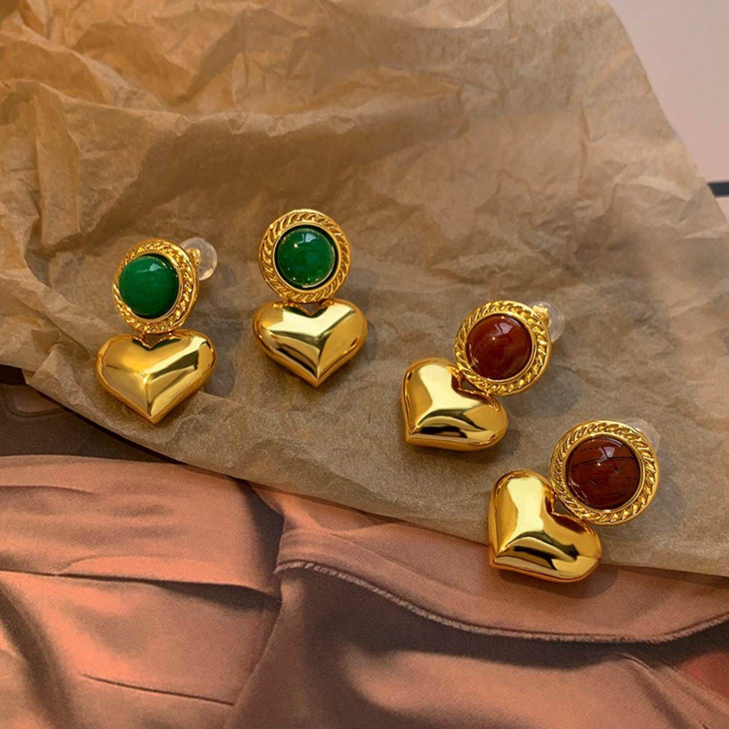 爱心耳环女法式复古桃心耳坠心形耳钉 小众金色ins耳饰2026年新款