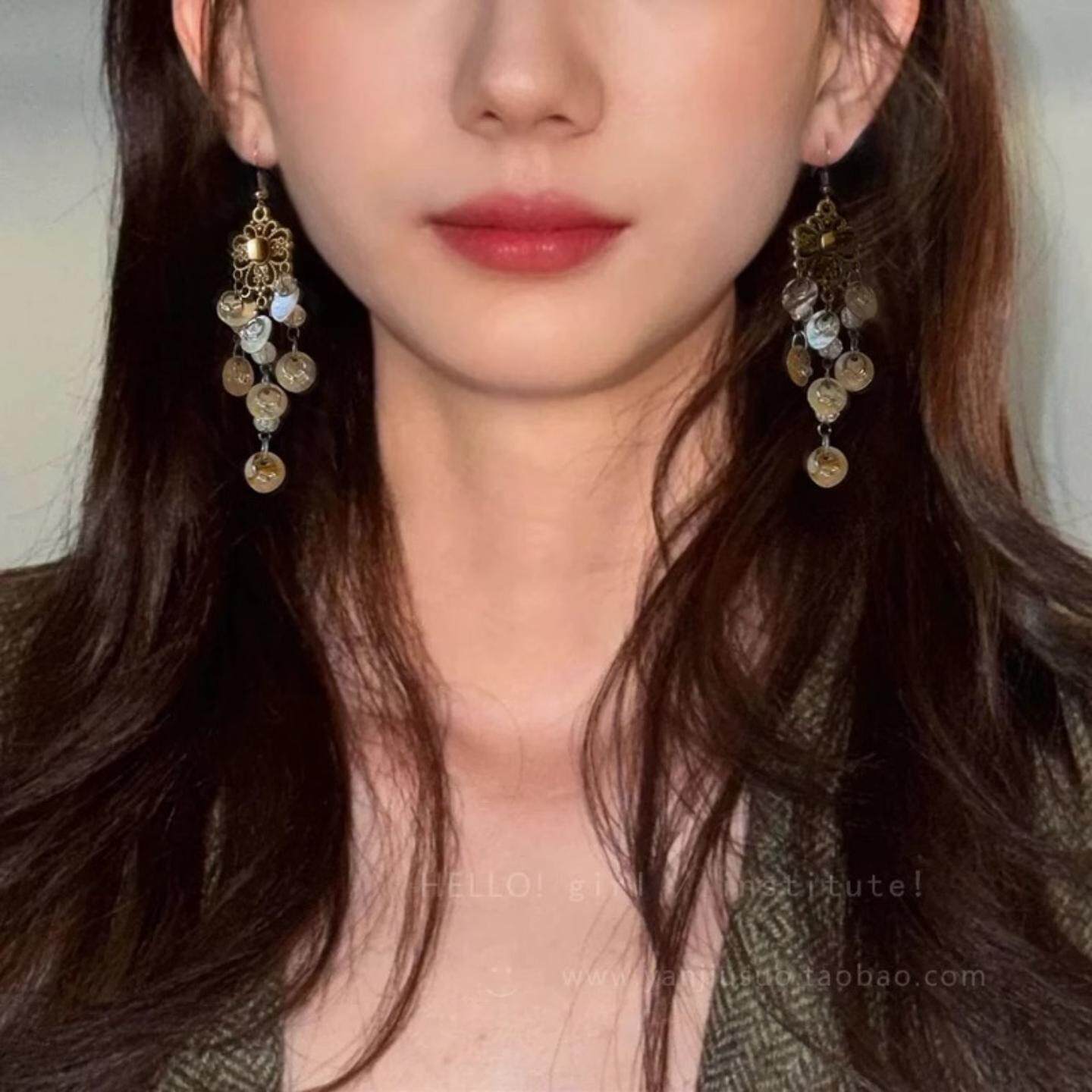 异域风情耳环复古文艺古典端庄耳钩百搭镂空时尚流苏吊坠贝壳耳饰