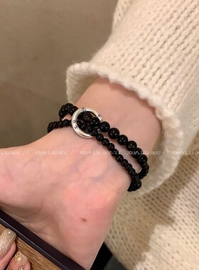新中式黑色天然石串珠手链女小众设计民族风双层叠带圆环情侣手串