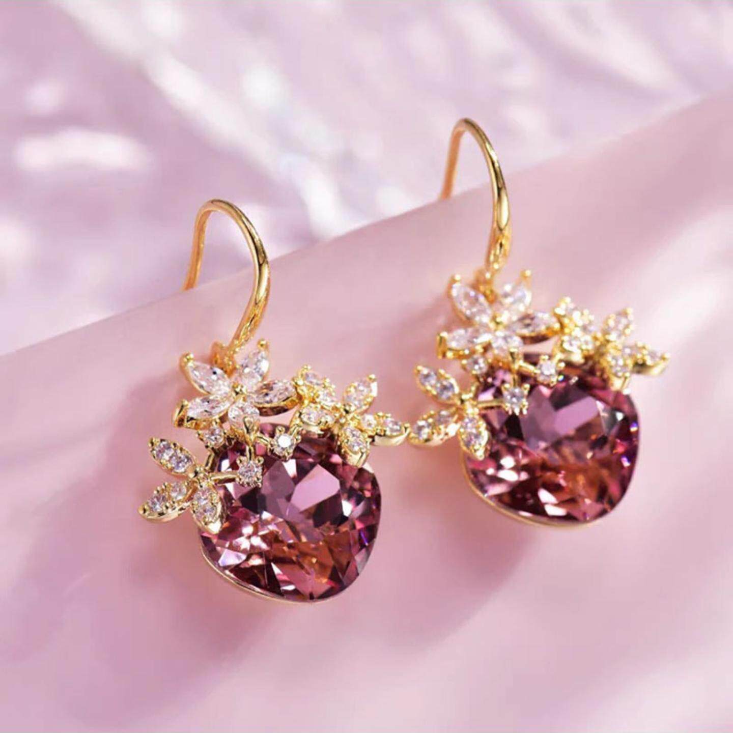 2026新款紫色锆石花朵耳环高级感时尚精致水晶耳饰气质百搭耳钩女