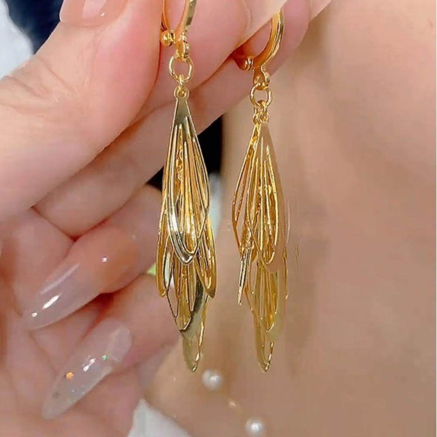 2025年新款爆款金色翅膀流苏耳环时尚气质耳扣长款显脸小耳坠耳饰