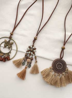 欧美咖色复古项链女波西米亚民族风流苏吊坠毛衣链高级感项饰