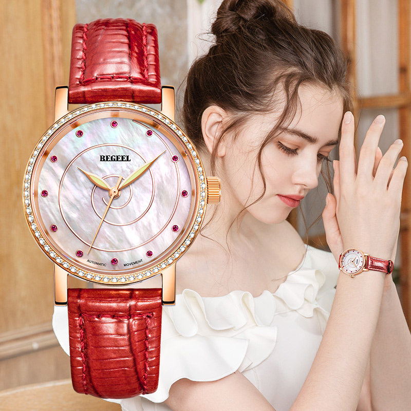 BEGEEL宾爵女士手表红宝石珠宝轻奢手表进口机芯机械手表腕表礼物