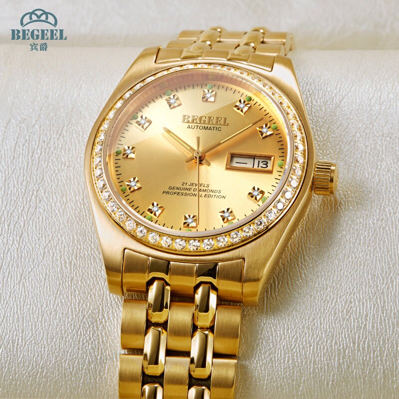 宾爵真钻金表男士手表全自动机械表商务防水夜光腕表双日历钢带表