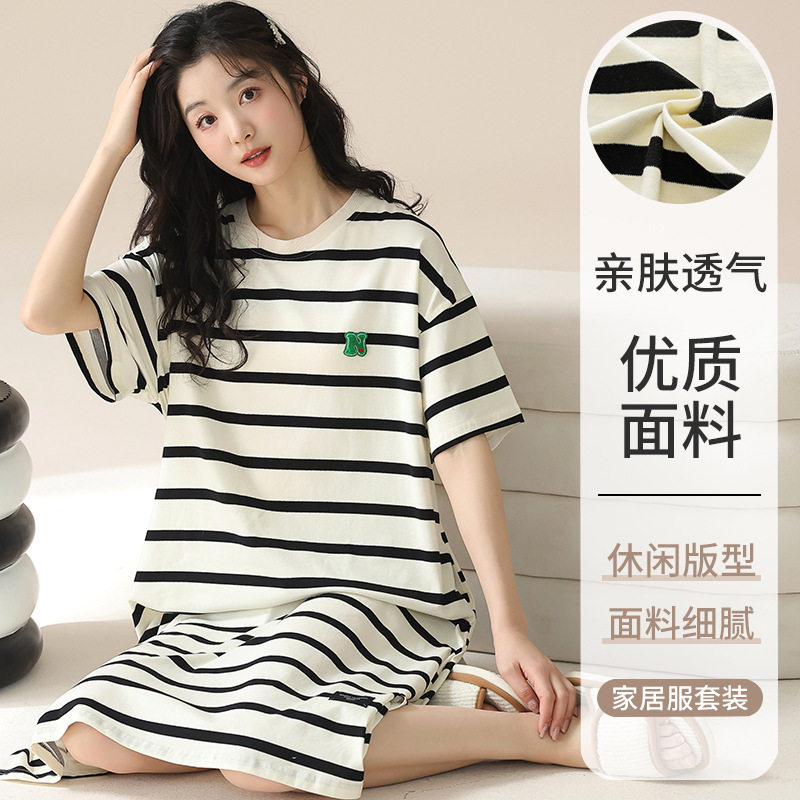 法国Gentle Motto睡裙女士夏季薄款棉质圆领短袖甜美可爱条纹睡衣