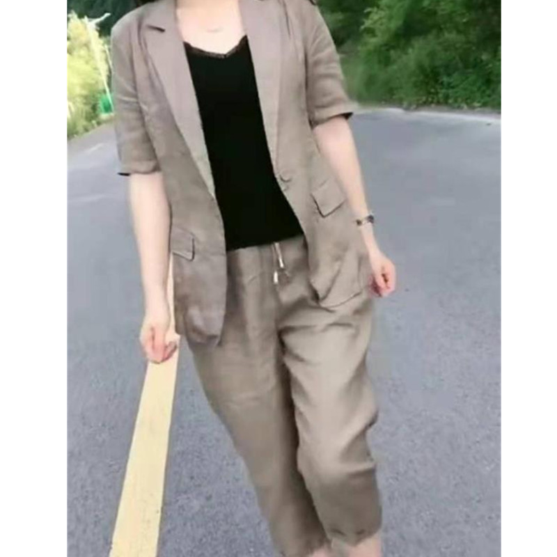 日系cherrykoko夏季新款时尚两件套西服领短袖外套七分裤显瘦