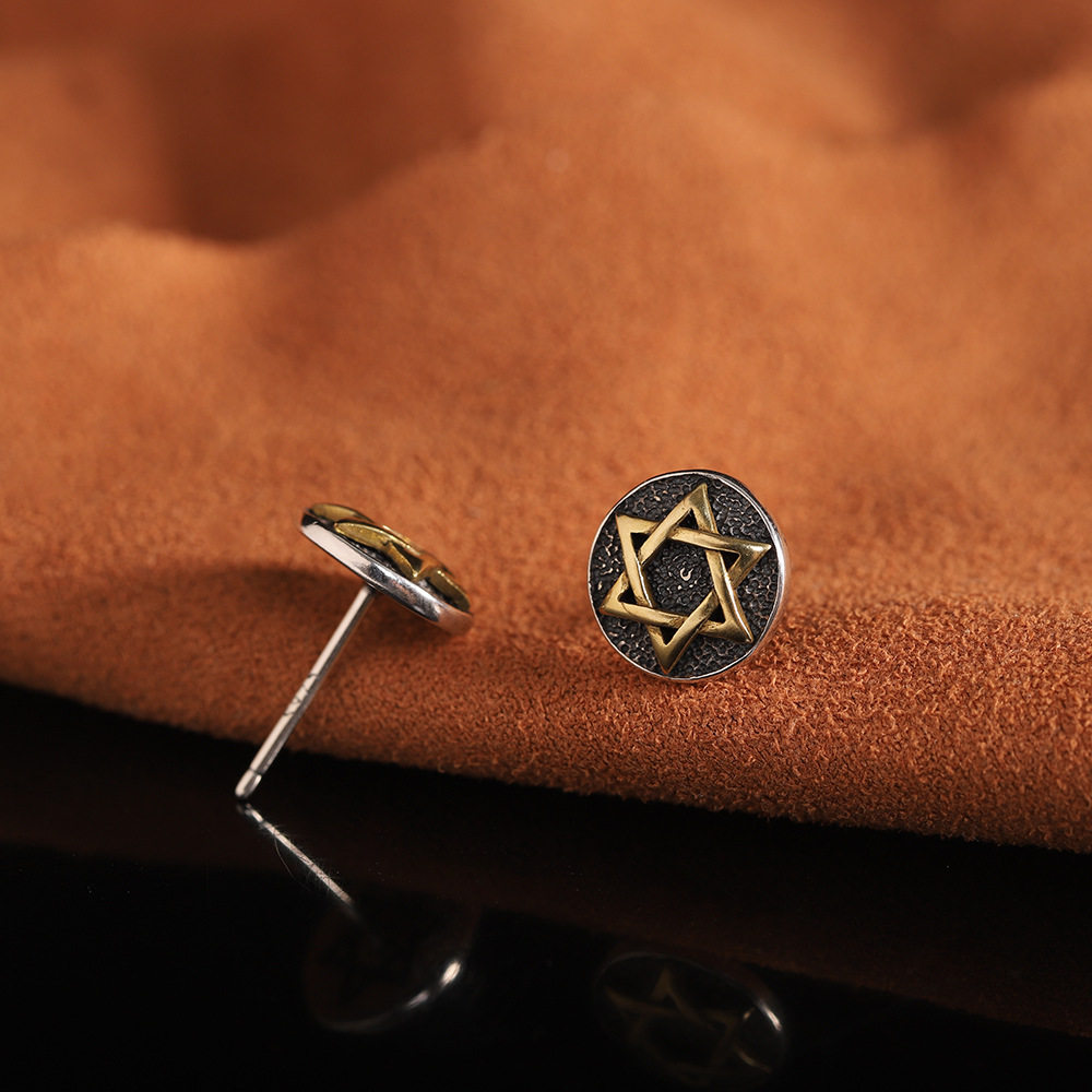 国风馆民族风 s纯银六芒星复古个性耳钉 圆形简约百搭耳饰男女通