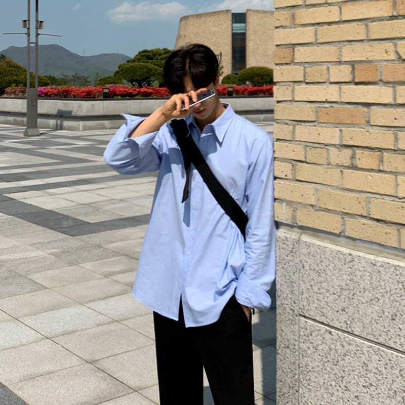 法国cherrykoko衬衫男长袖潮流男士宽松蓝色衬衣休闲秋装色寸衫