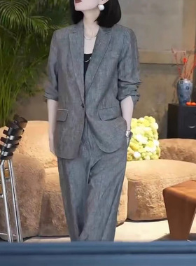 日系cherrykoko春季新款时髦灰色高级感西服外套阔腿裤套装