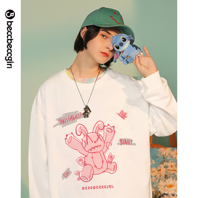 BECCBECCGIRL8374兔子印花图案卫衣女加绒秋冬新款百搭长袖上衣