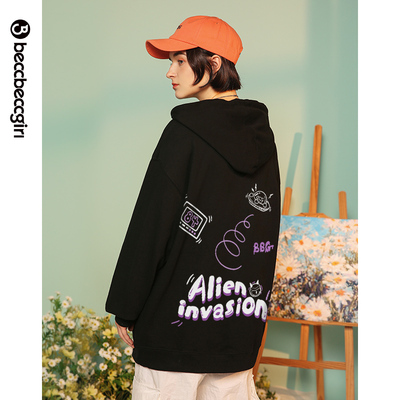 BECCBECCGIRL8447黑色连帽卫衣女套头纯棉百搭宽松加绒加厚上衣