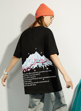 BECCBECCGIRL夏季新款雪山樱花短袖T恤女纯棉宽松oversize半袖