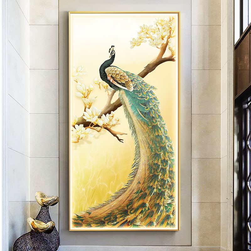 高档孔雀方形玄关灯画装饰画晶瓷发光画LED客厅过道卧室挂画定制图片