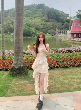 2024夏季新款法式度假玫瑰花气质长拖尾无袖氛围感吊带波点连衣裙