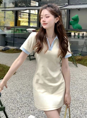 夏季新款设计减龄甜美fufu收腰显瘦拼色Polo连衣裙女夏