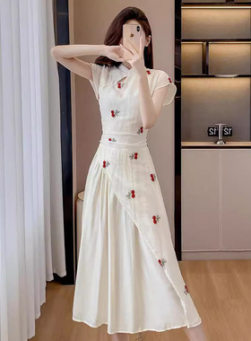 新中式国风旗袍连衣裙2024夏季樱桃印花仙女裙温柔淑女短袖文艺范