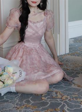 2025新款甜美公主短裙细闪印花高腰亮片连衣裙高级感裙子夏季女装