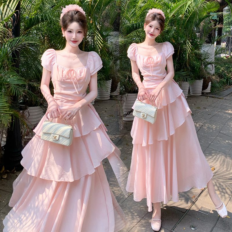 实拍~2025夏季大码甜美风不规则长款连衣裙收腰打褶显瘦长裙