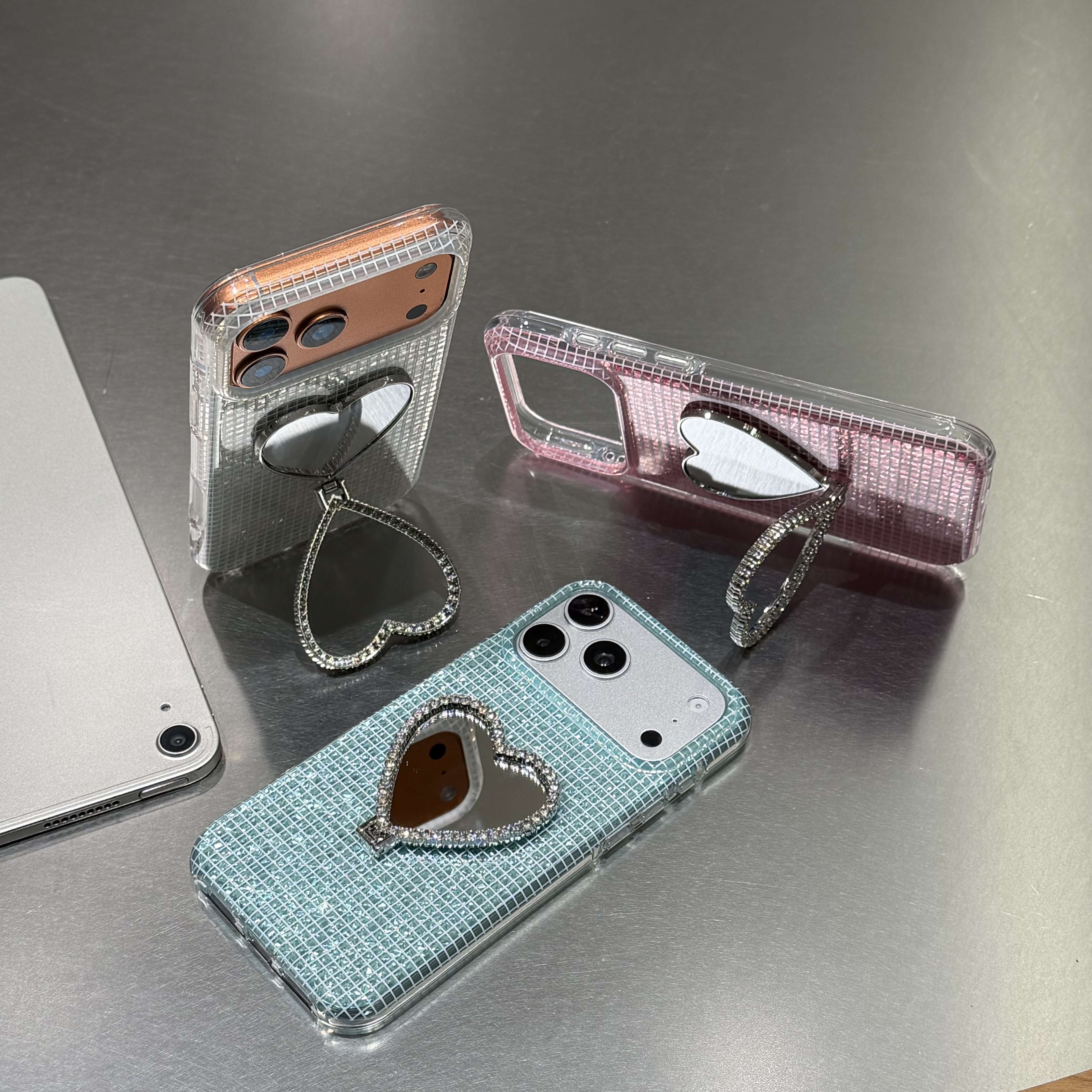 高级感钻石纹爱心镜子支架手机壳iPhone18promax小众苹果17pro名媛风16个性15pro创意新款14/13女16promax