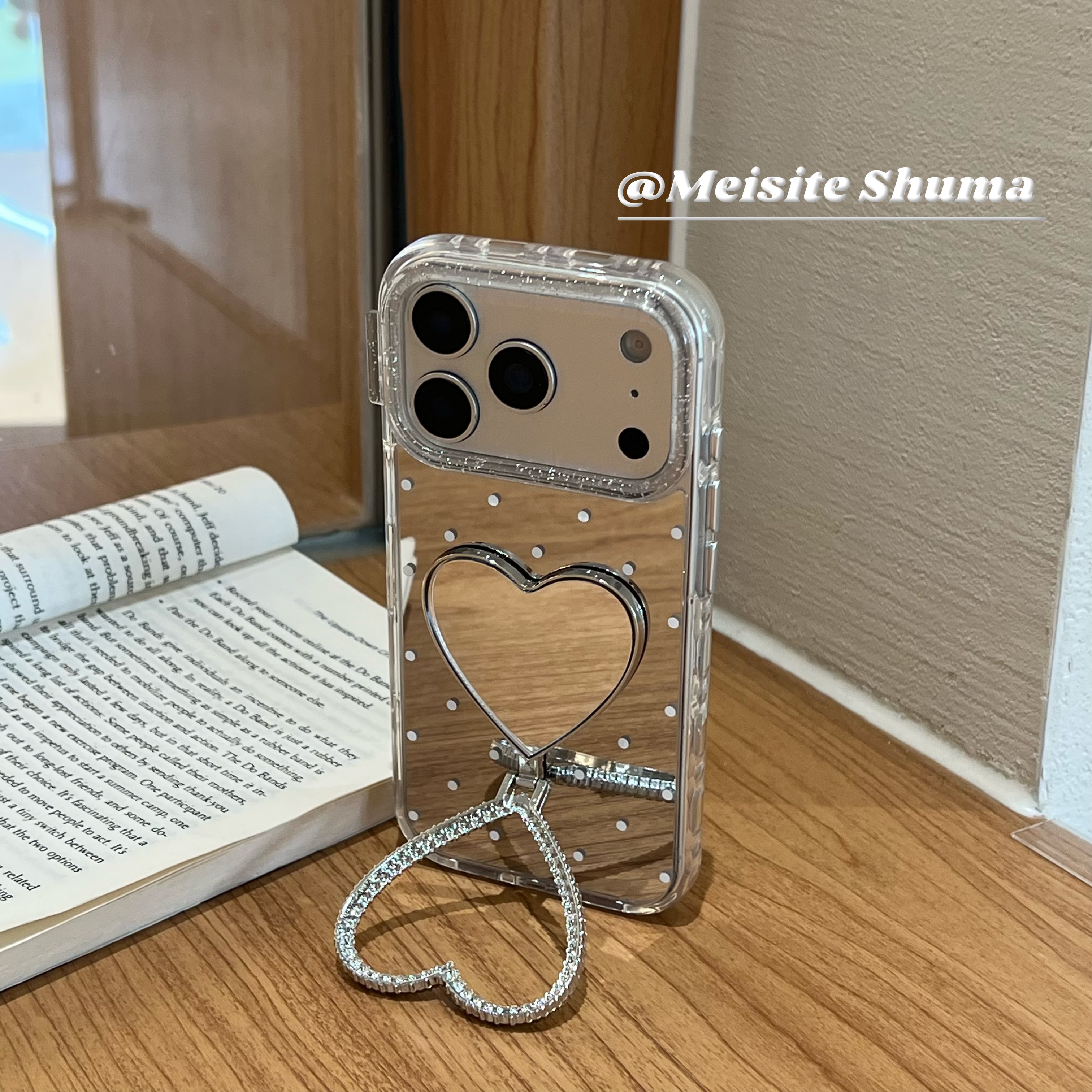 韩系ins风波点爱心镜子支架手机壳iPhone16补妆镜子苹果17promax小众15pro甜美少女创意适用16promax女高级感