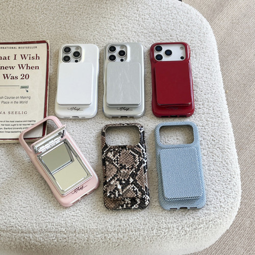 个性玻璃镜子支架皮质手机壳补妆