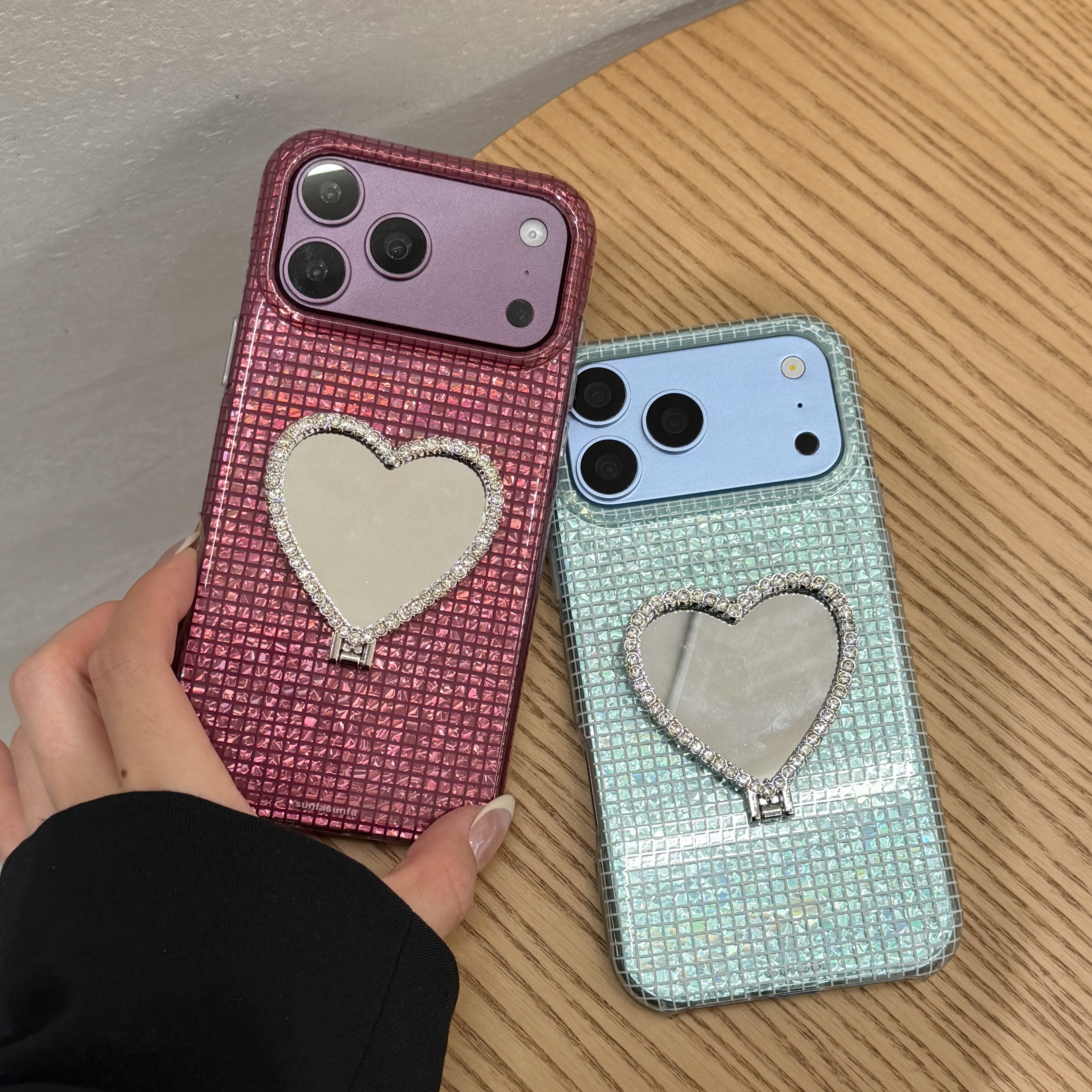 高级感钻石纹爱心镜子支架iPhone18promax手机壳小众苹果17promax新款18pro奢华16pro名媛风15简约14/13女款
