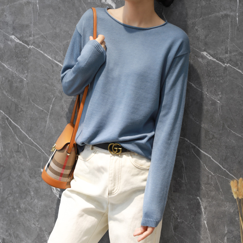 早秋韩版落肩针织衫上衣薄款圆领宽松大码新款潮流百搭打底衫毛衣