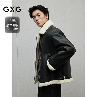 新品 25年冬季 仿羊羔毛内里加厚pu皮夹克男通勤保暖外套 GXG男装