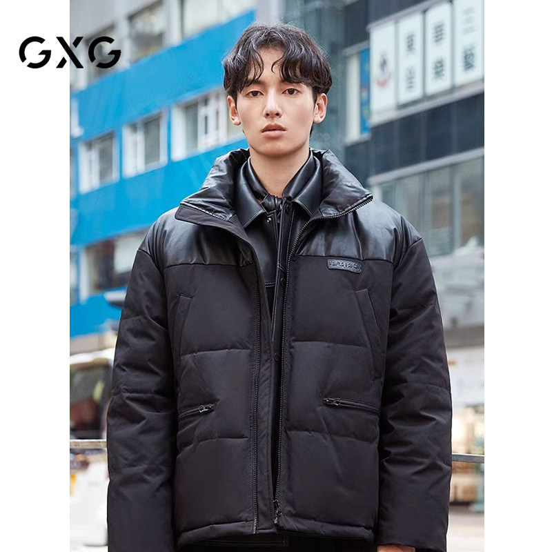 GXG男装 pu皮拼接立领棉服男潮流通勤加厚棉衣保暖外套 24冬新品