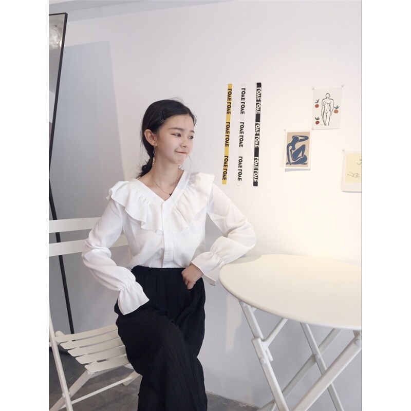 遮肚子雪纺衬衫洋气荷叶边上衣酒红色显瘦超仙V领长袖衬衫女春秋