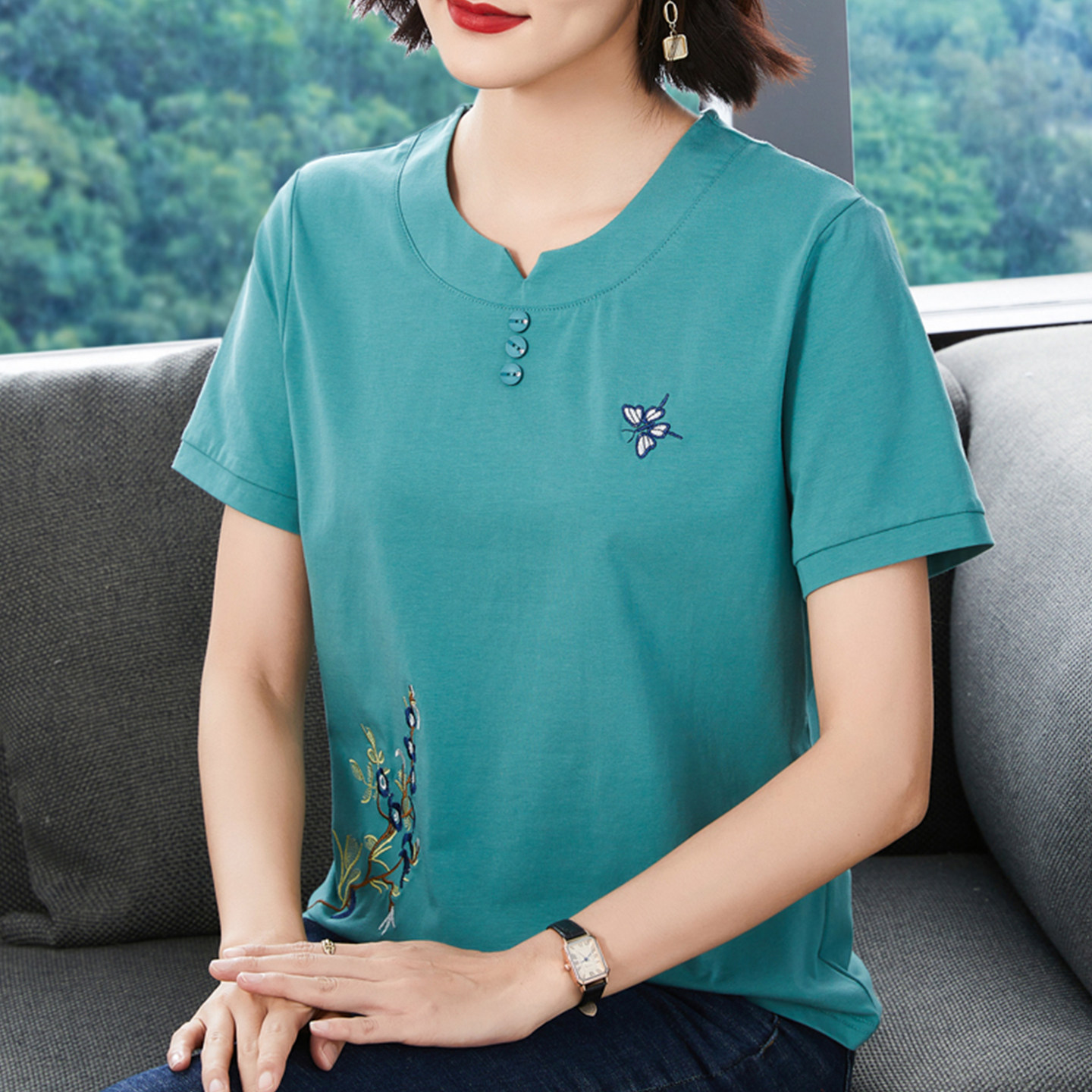 妈妈纯棉短袖t恤女2026夏装新款洋气休闲中老年宽松大码体恤上衣