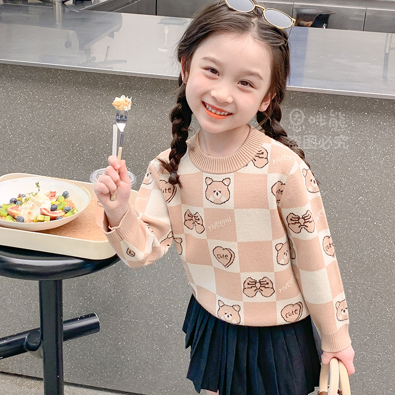 儿童毛衣秋冬款休闲装加绒圆领针织格子套头衫女宝宝打底衫线衣潮