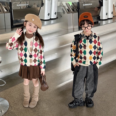 女童针织开衫外套女孩毛衣中大童洋气加绒百搭男童针织衫秋冬新款