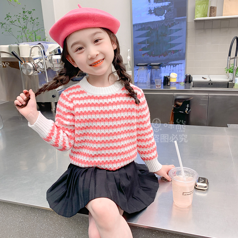 儿童毛衣秋季新品男女童韩版洋气圆领条纹软糯针织套头衫休闲上衣