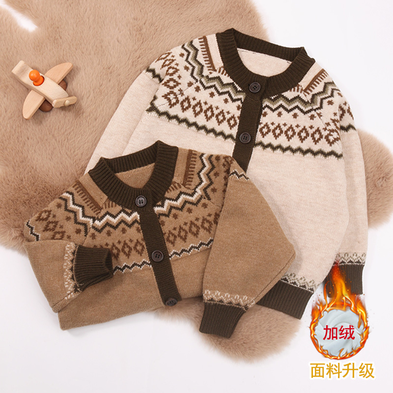儿童秋冬季加绒纽扣开衫韩版洋气女童针织毛衣外穿百搭潮男童线衣