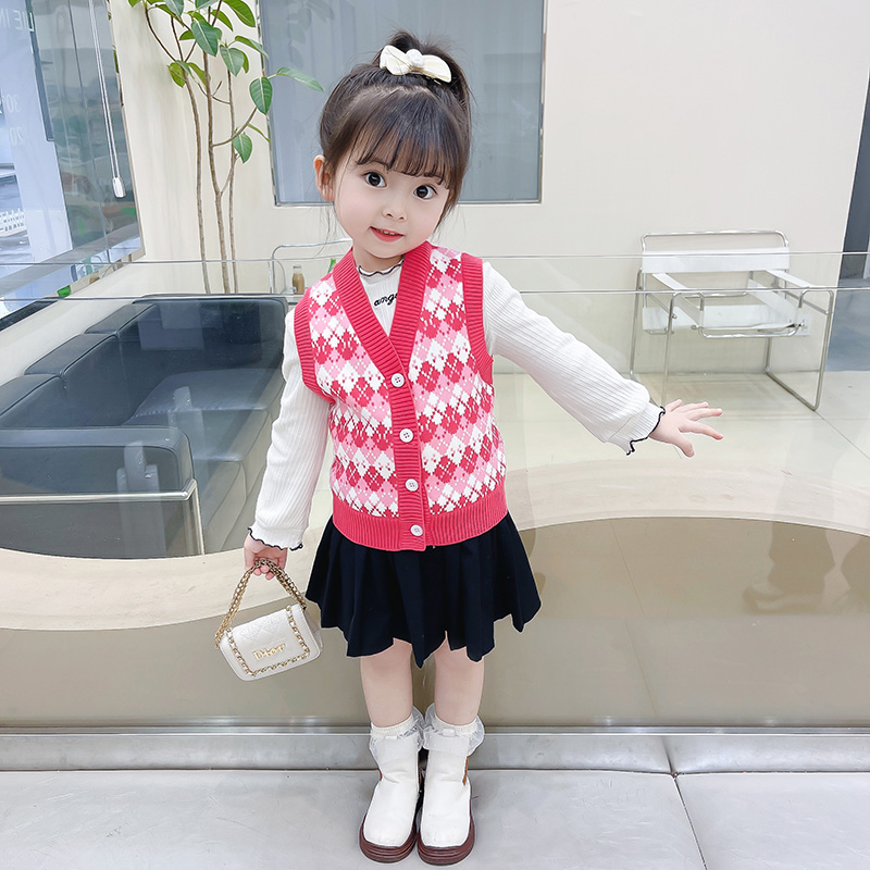 儿童菱格马甲春秋童装韩版儿童针织背心宝宝加绒坎肩毛衣