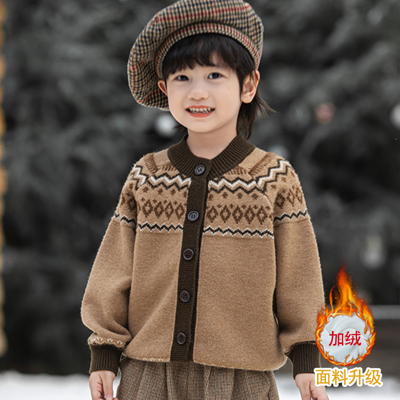 儿童秋冬季加绒纽扣开衫韩版洋气女童针织毛衣外穿百搭潮男童线衣