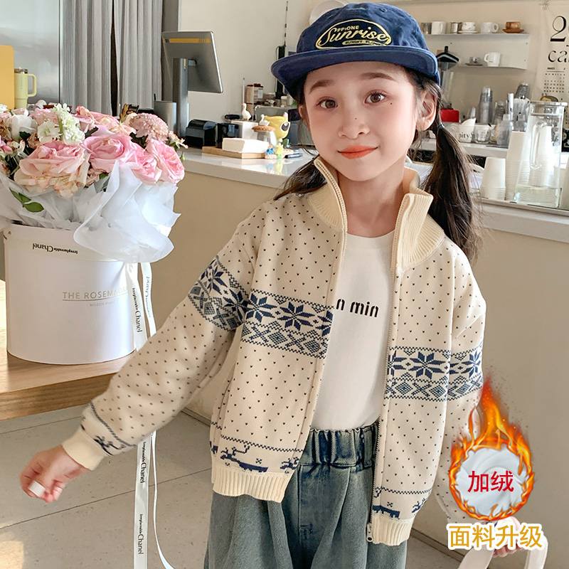 韩版童装女童毛衣秋冬儿童加绒百搭开衫外套女孩拉链一体绒针织衫