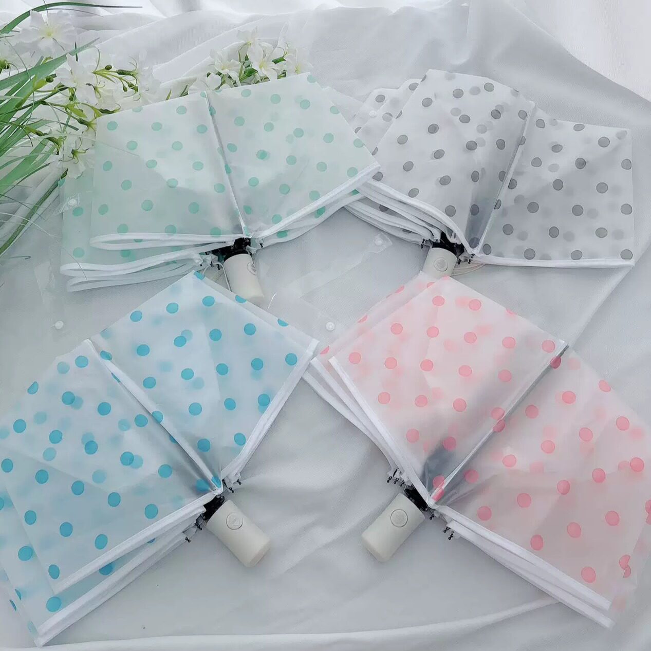 透明雨伞折叠女自动网红波点雨伞大号三折日系伞定制拍照学生加厚