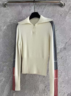 独家 海军领 半高领半开拉链束腰字母提花文艺名媛风羊绒混纺毛衣