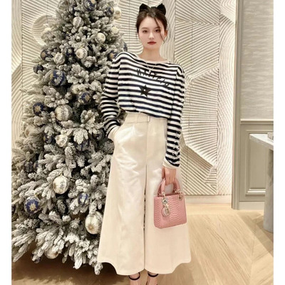 独家2025秋冬新款亚麻山羊绒混纺条纹针织衫女长袖宽松上衣