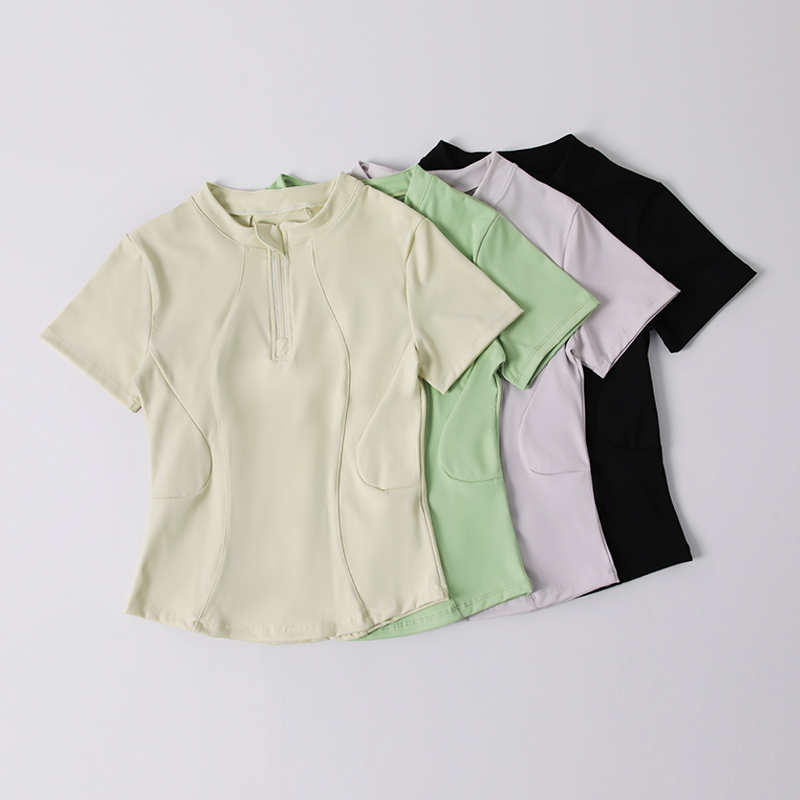 运动短袖女半拉链弹力速干休闲t恤修身网球服瑜伽服立领健身上衣