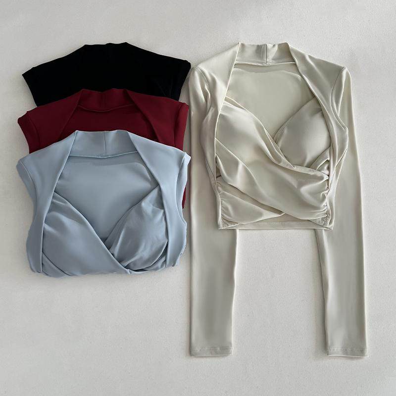 性感瑜伽服女交叉长袖带胸垫一体式修身显瘦普拉提专业健身上衣,运动服/休闲服装,健身衣,淘宝优惠券,粉丝福利购,淘宝优惠卷