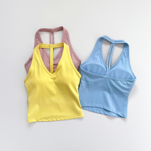 欧美细带健身文胸性感V领裸感运动内衣挂脖瑜伽服背心 T型美背