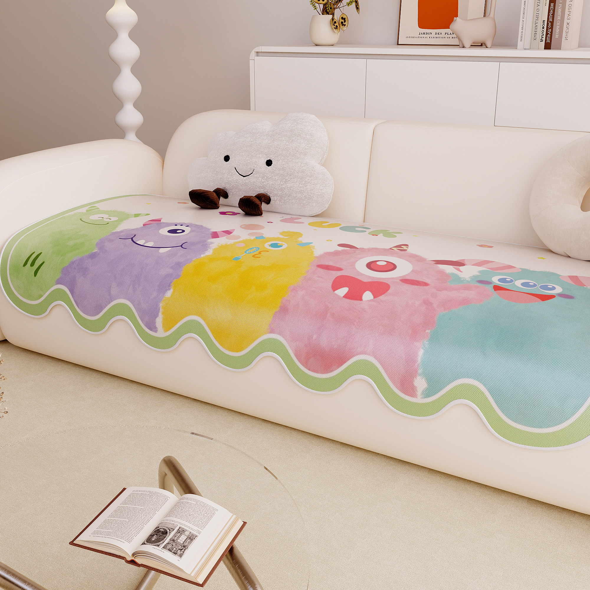 夏季冰丝凉感沙发垫直排盖布2026新款卡通多巴胺防滑异形凉席套罩