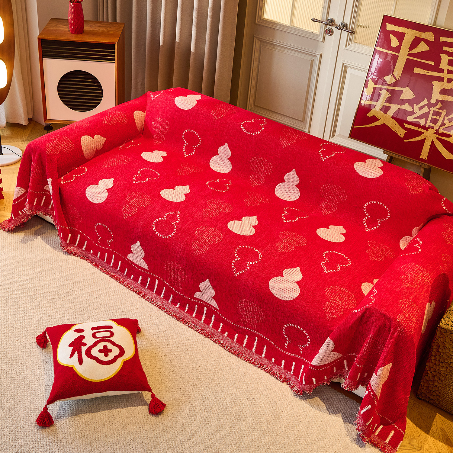 红色氛围感沙发盖布巾一片式雪尼尔沙发坐垫毯子罩套新年喜庆中式