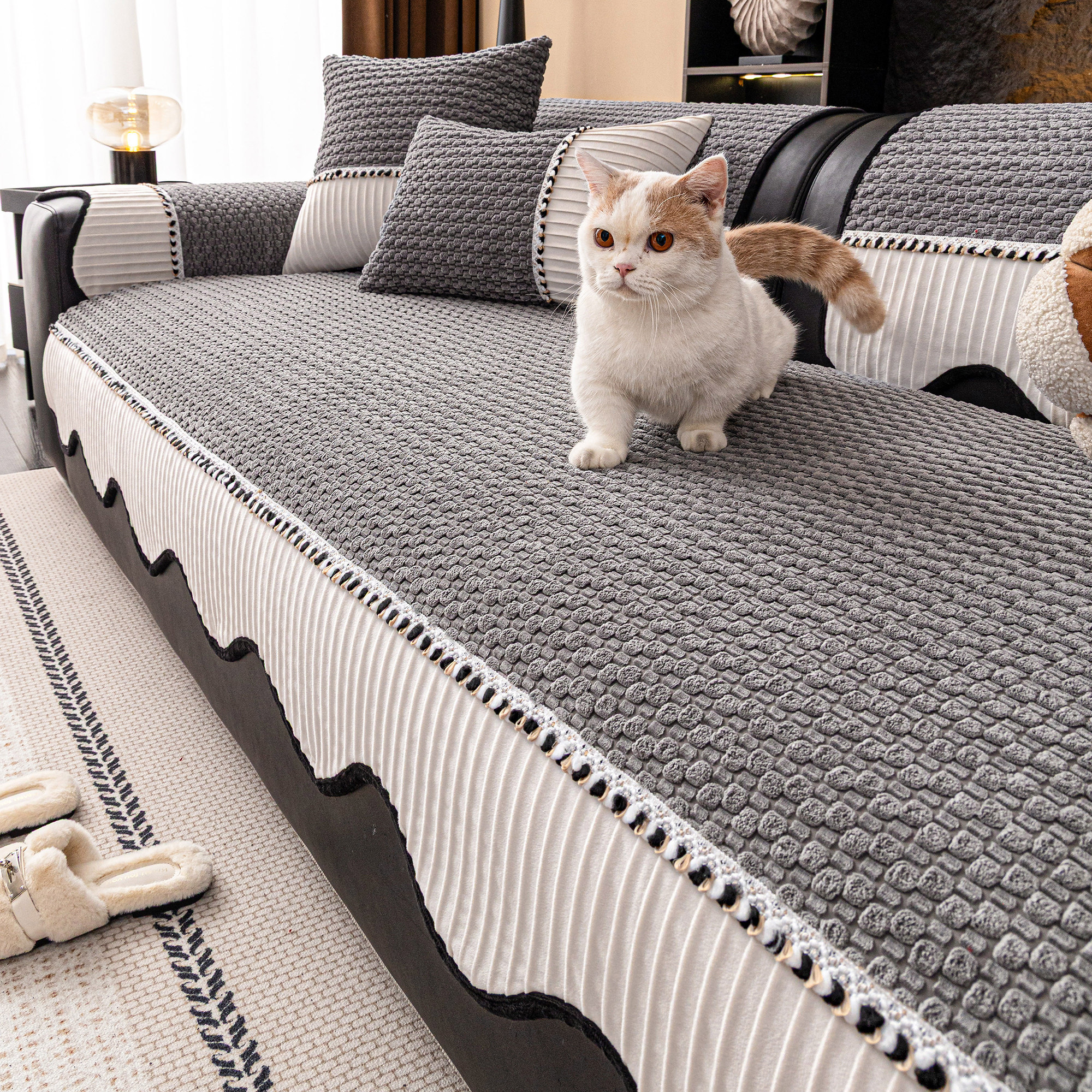 皮沙发垫冬季2026新款毛绒固定防滑一片式高级感轻奢简约现代客厅