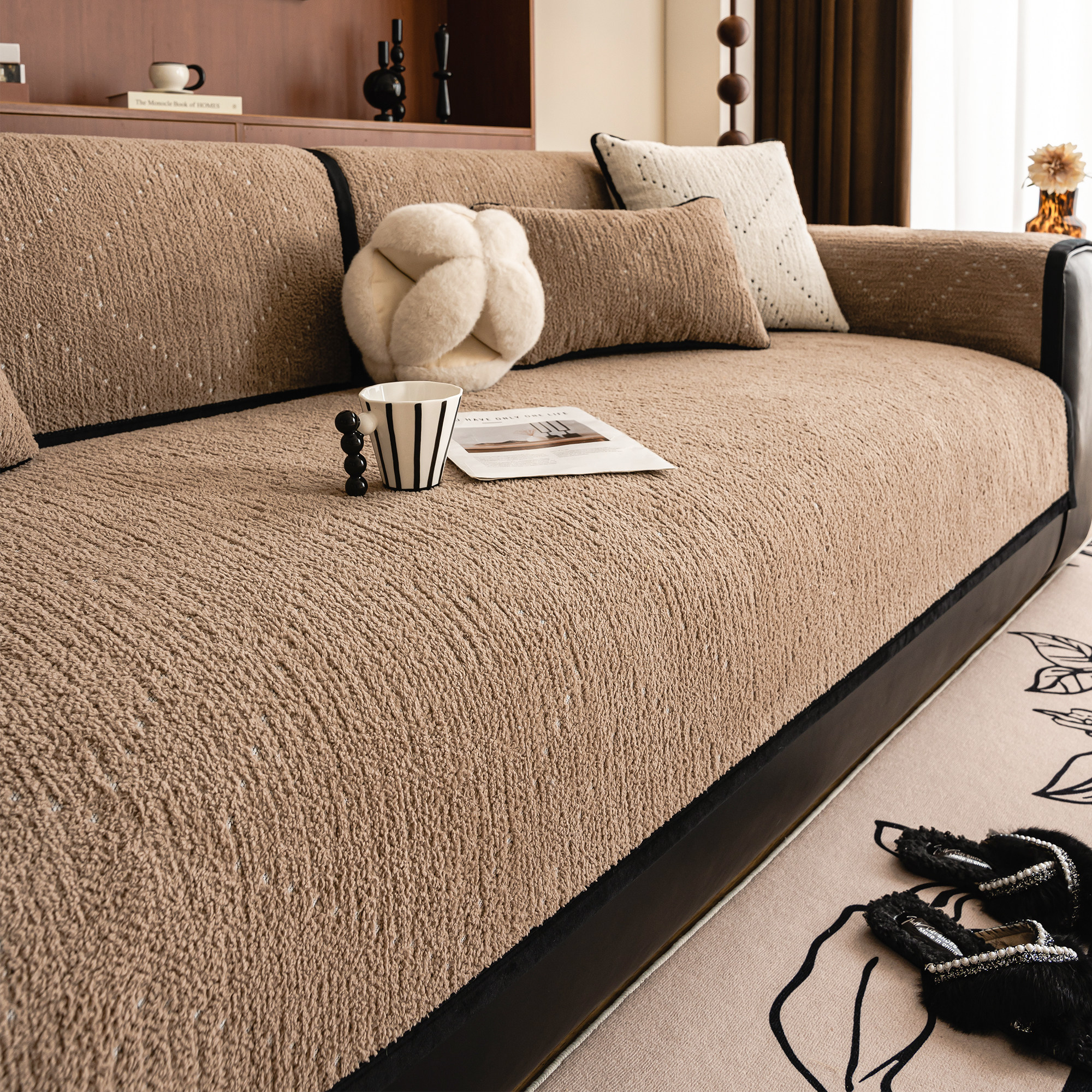 秋冬半边绒沙发垫2026新款简约高级感防滑坐垫皮沙发专用套罩盖布