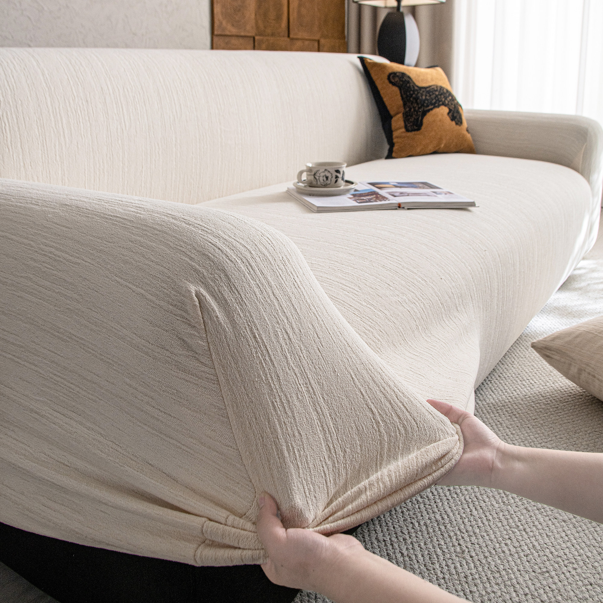 霏彩弹力雪木纹沙发套罩全包边四季通用奶油风沙发垫万能型沙发笠